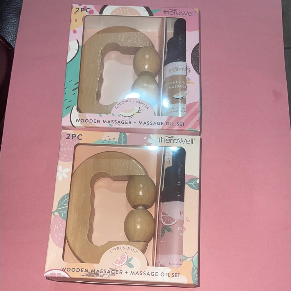 Therawell Wooden Massager & Massage Oil Set - Natural and Pink NWT